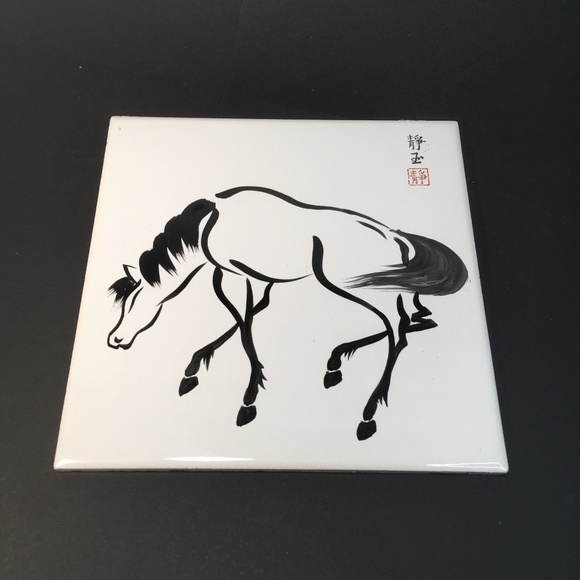 vtg Urushibara Mokuchu ATC Japan HORSE -HEAD DOWN- WALKING 6" x 6" print on tile - Picture 2 of 11